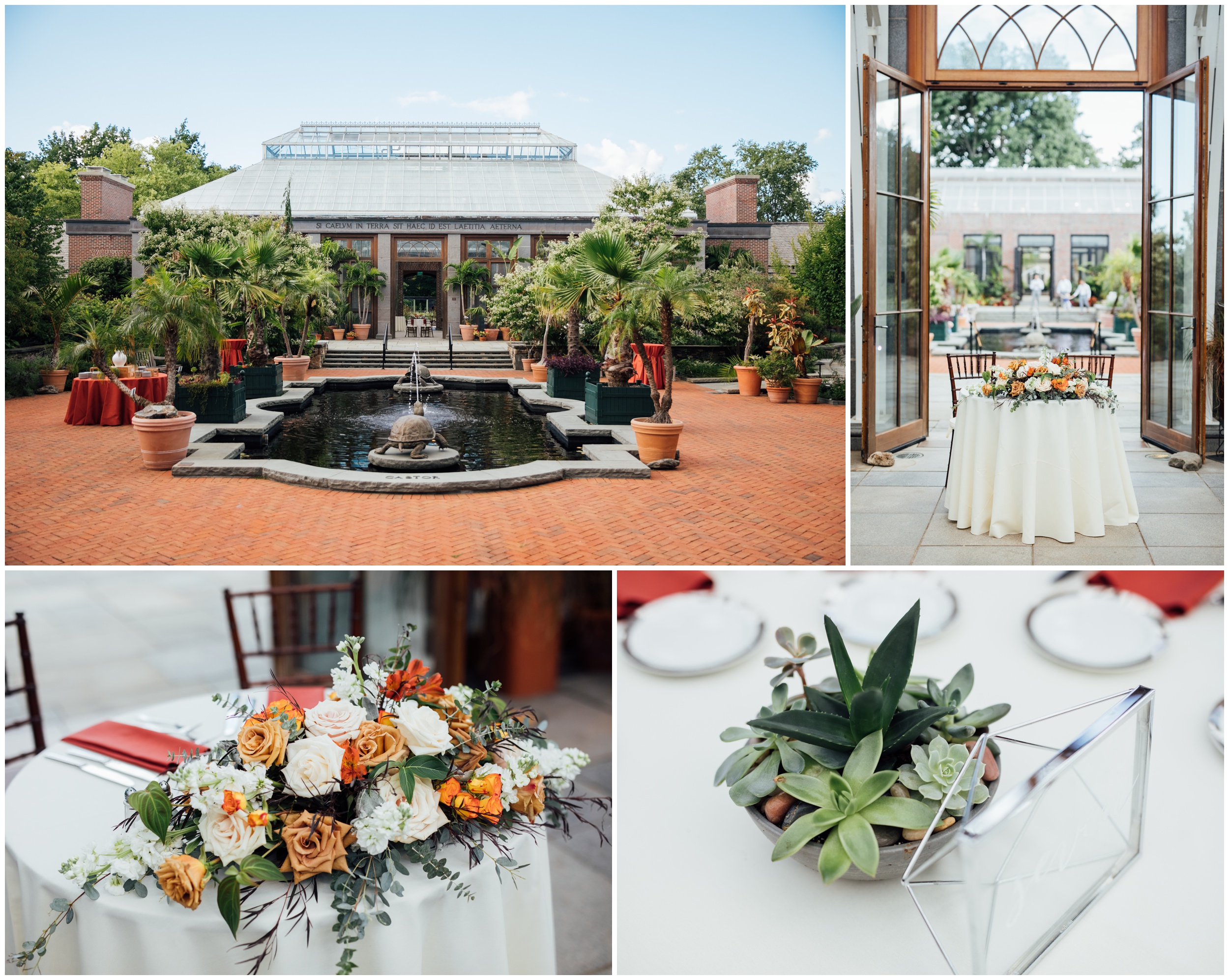 Courtyard fountain and reception table details at New England Botanic Garden at Tower Hill wedding in Massachusetts